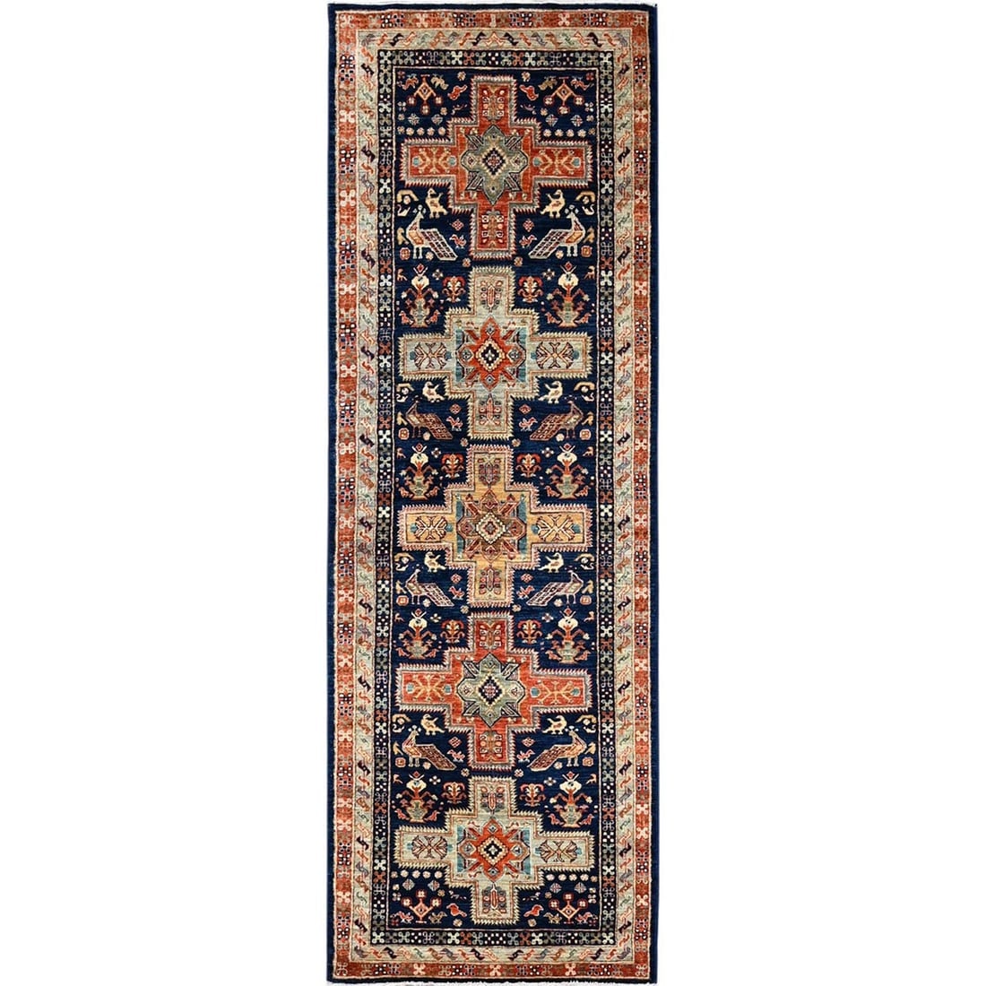 Navy Armenian Inspired Caucasian Design Hand Knotted Wool Runner Rug: Title: Navy Armenian Inspired Caucasian Design Hand Knotted Wool Runner RugDescription:This is a truly genuine one-of-a-kind. It has been Knotted for months and months in the centuries-old weaving