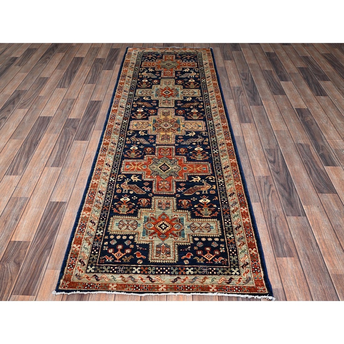 Navy Armenian Inspired Caucasian Design Hand Knotted Wool Runner Rug - 2