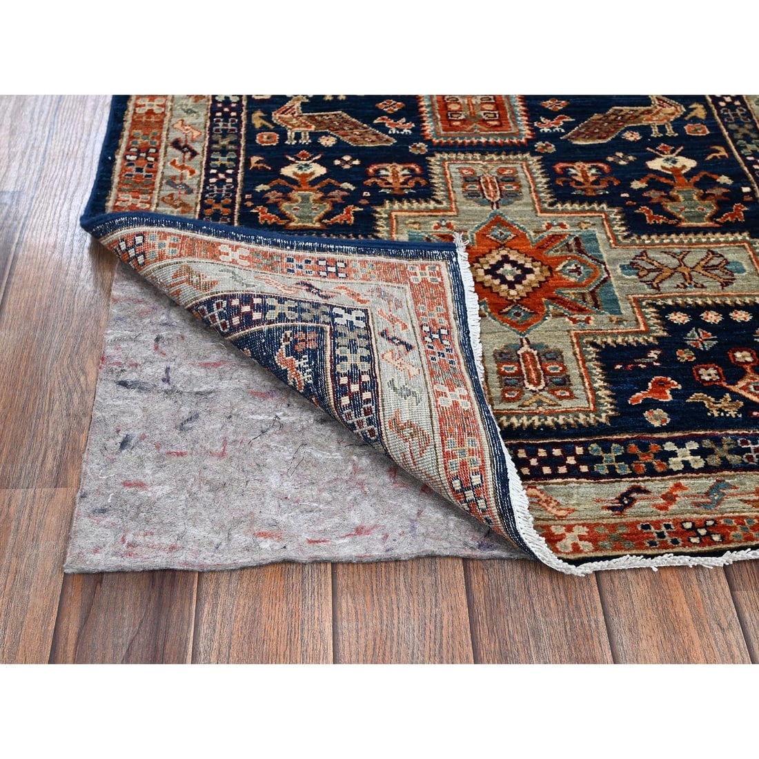 Navy Armenian Inspired Caucasian Design Hand Knotted Wool Runner Rug - 3