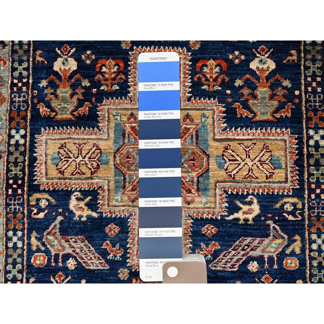 Navy Armenian Inspired Caucasian Design Hand Knotted Wool Runner Rug - 4