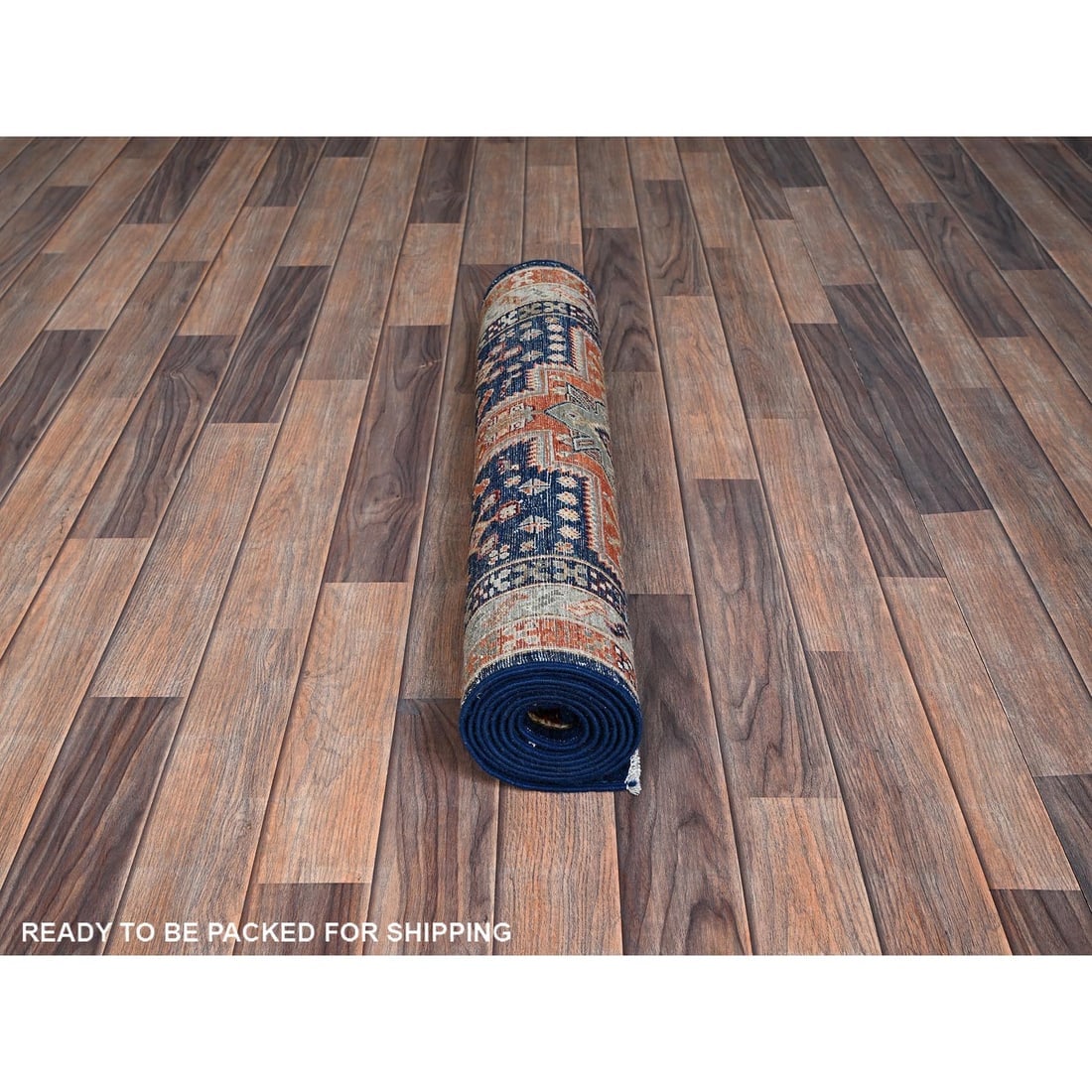 Navy Armenian Inspired Caucasian Design Hand Knotted Wool Runner Rug - 5