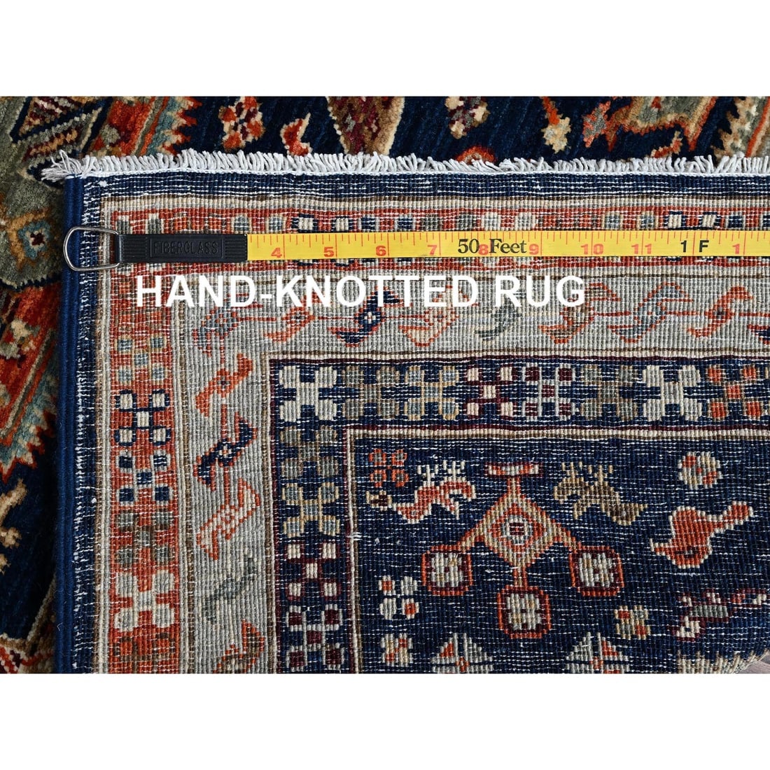 Navy Armenian Inspired Caucasian Design Hand Knotted Wool Runner Rug - 7
