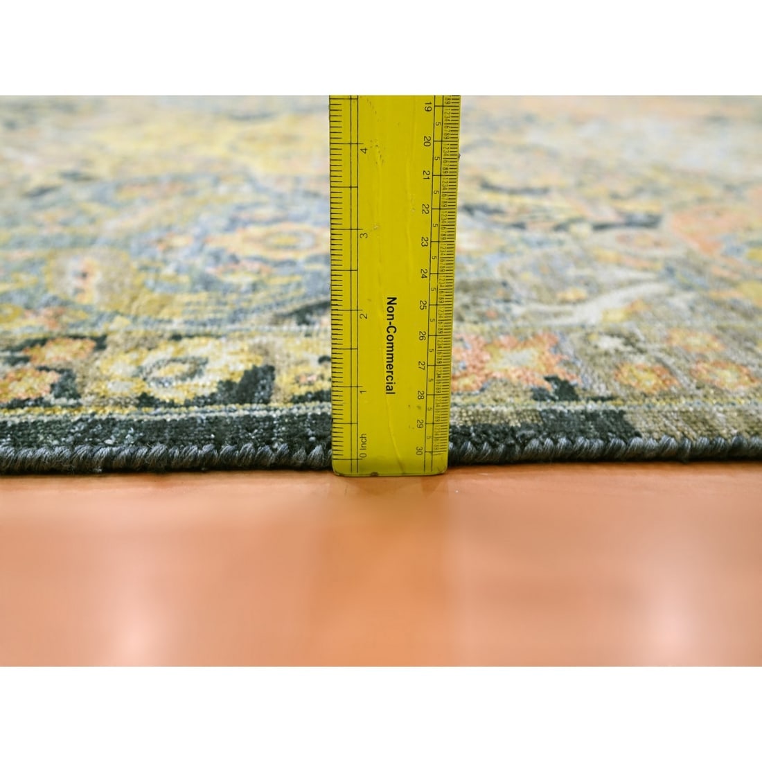 Black with Yellow Repetitive Emblem Design Hand Knotted Pure Wool Rug - 10