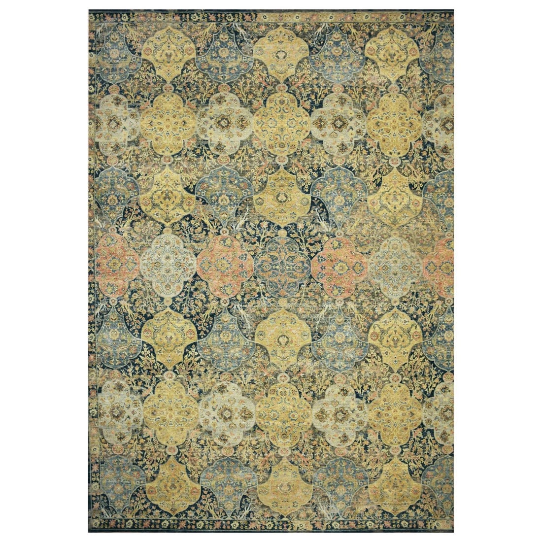 Black with Yellow Repetitive Emblem Design Hand Knotted Pure Wool Rug: Title: Black with Yellow Repetitive Emblem Design Hand Knotted Pure Wool RugDescription:This is a truly genuine one-of-a-kind. It has been Knotted for months and months in the centuries-old weaving