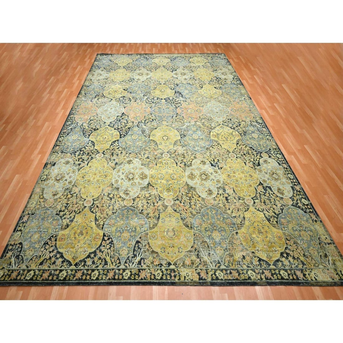 Black with Yellow Repetitive Emblem Design Hand Knotted Pure Wool Rug - 2