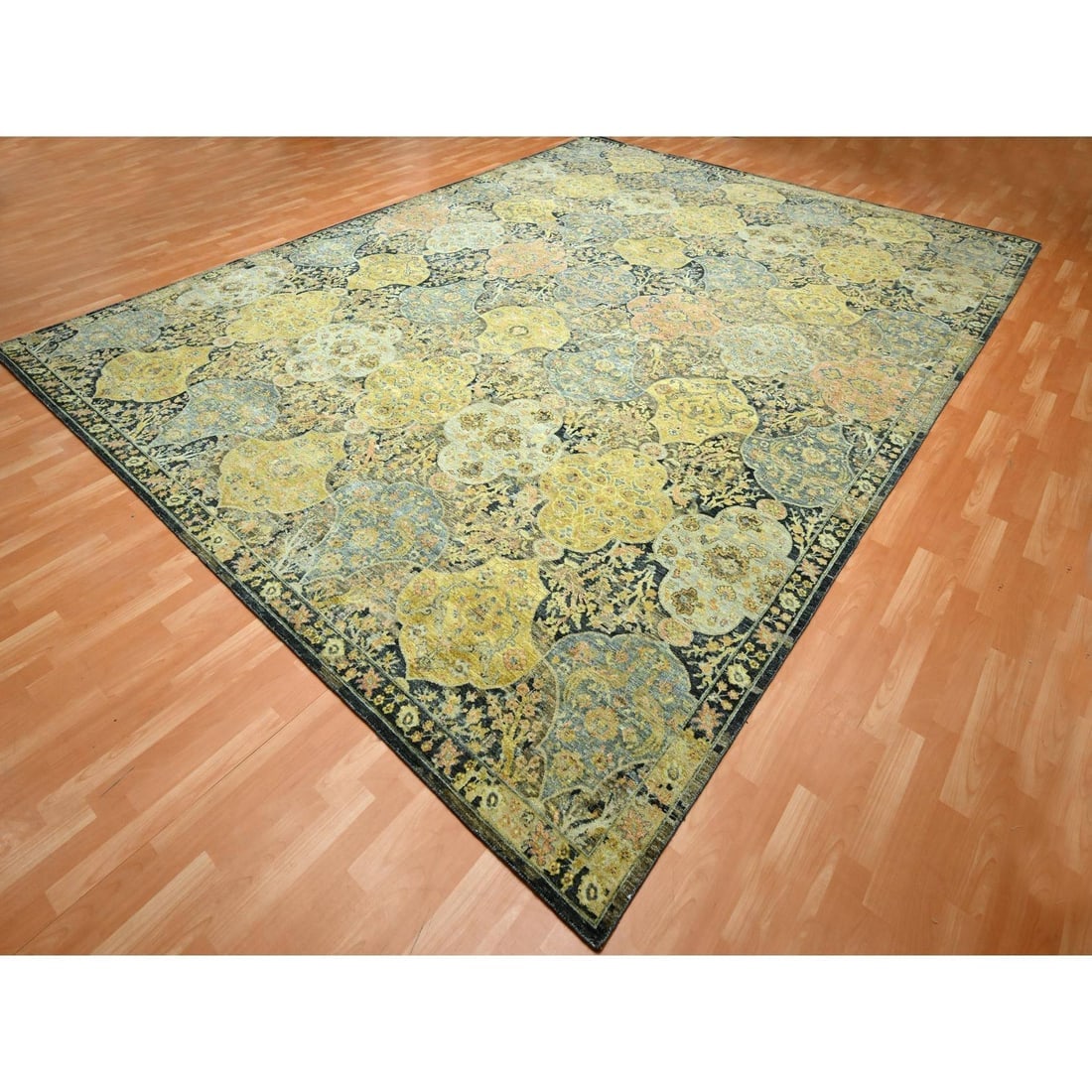 Black with Yellow Repetitive Emblem Design Hand Knotted Pure Wool Rug - 3