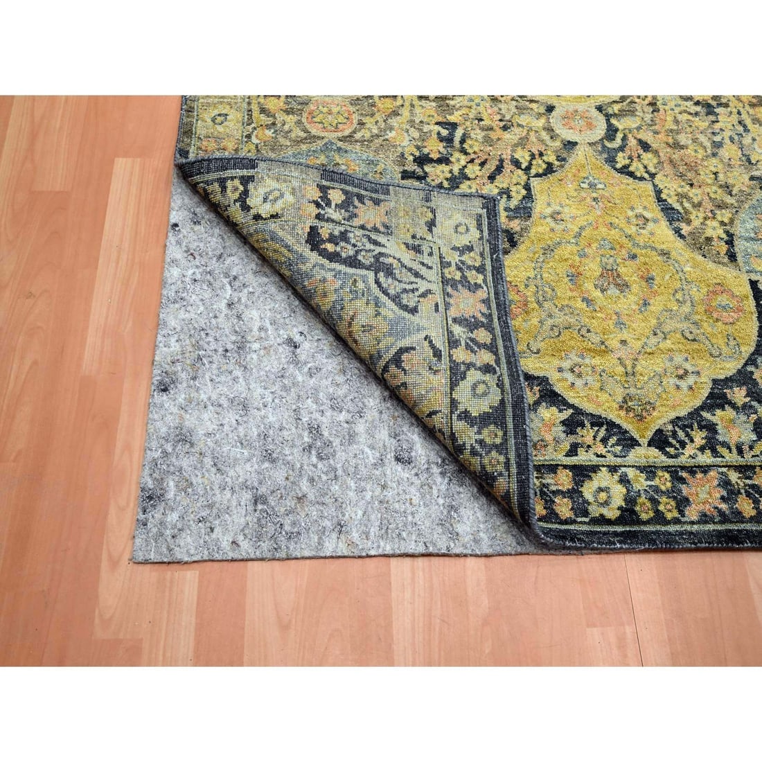 Black with Yellow Repetitive Emblem Design Hand Knotted Pure Wool Rug - 4