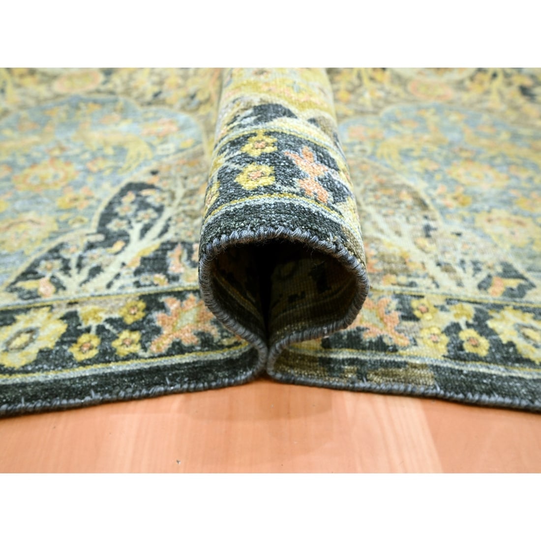 Black with Yellow Repetitive Emblem Design Hand Knotted Pure Wool Rug - 5