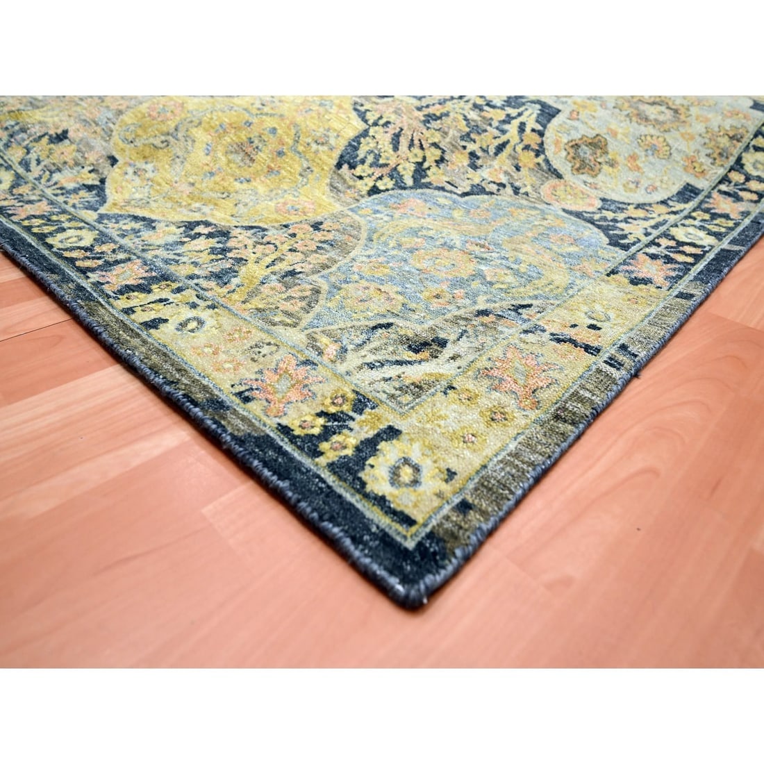 Black with Yellow Repetitive Emblem Design Hand Knotted Pure Wool Rug - 6