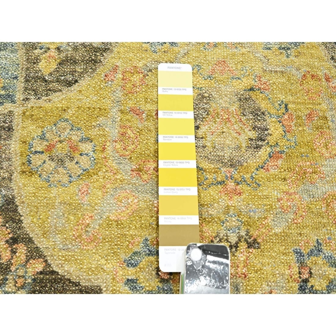 Black with Yellow Repetitive Emblem Design Hand Knotted Pure Wool Rug - 7