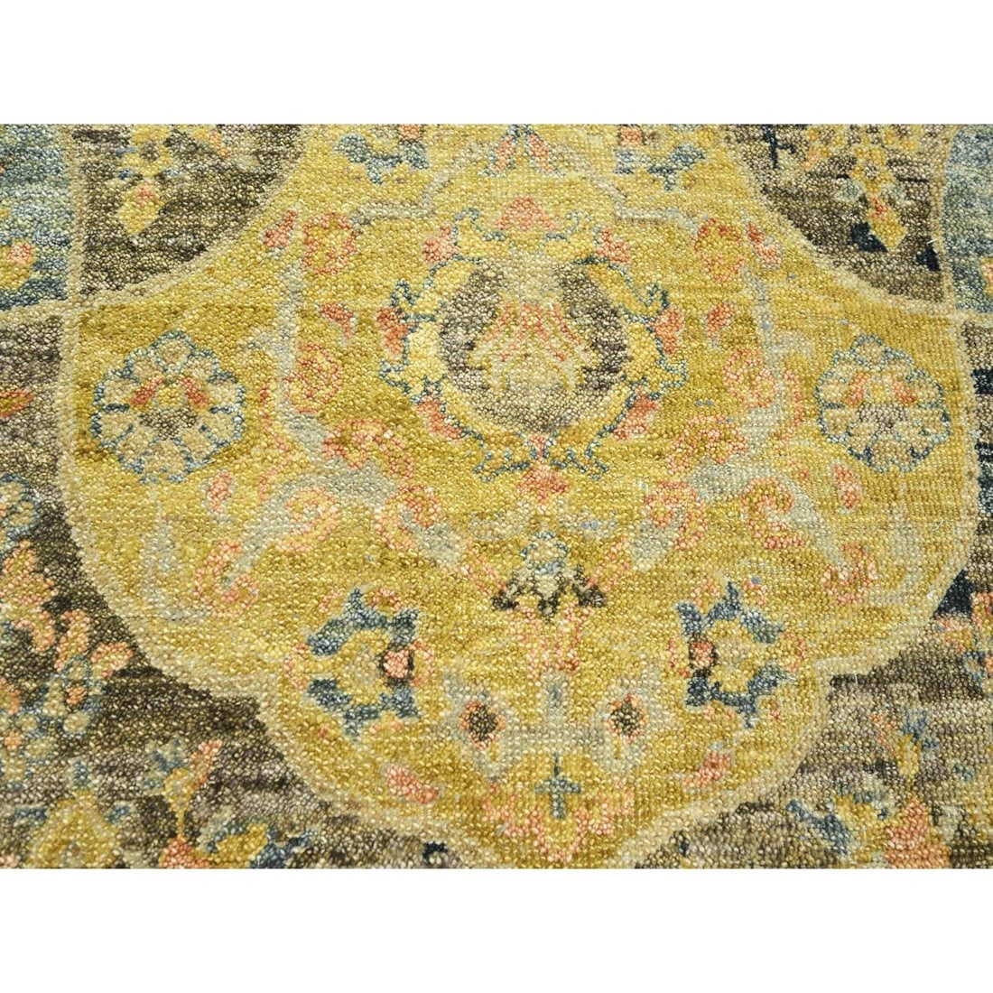 Black with Yellow Repetitive Emblem Design Hand Knotted Pure Wool Rug - 8