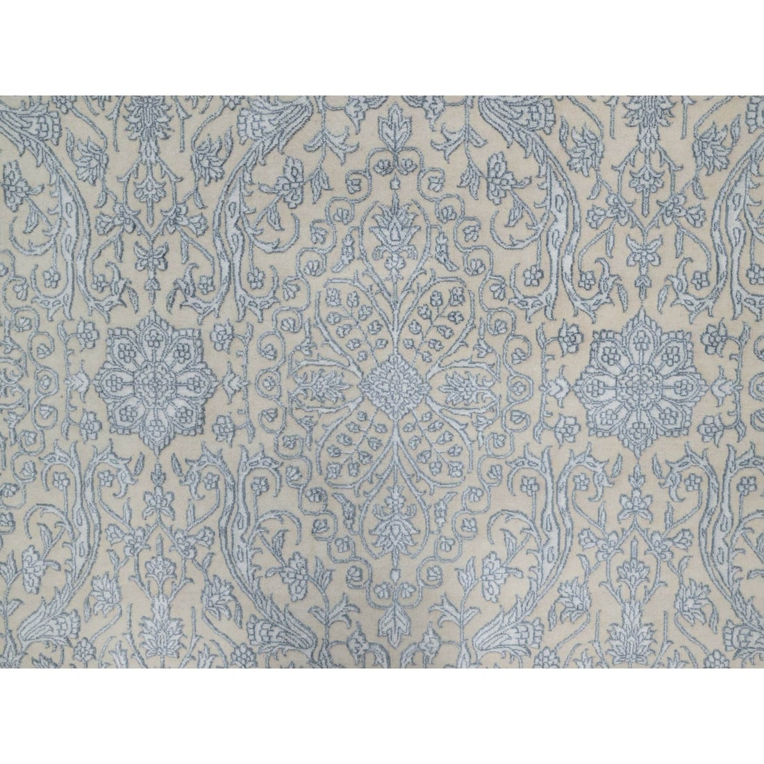 Linen White Persian Design Wool and Plant Based Silk Hand Knotted Rug - 8