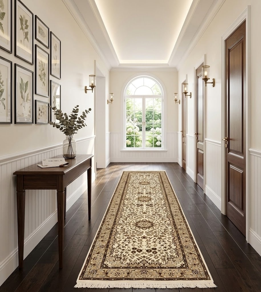 Cream Brown Floral 2'7X9'3 Kirman Oriental Runner Rug - 2