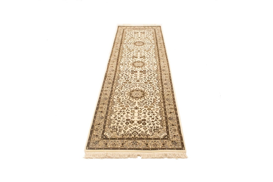 Cream Brown Floral 2'7X9'3 Kirman Oriental Runner Rug - 3