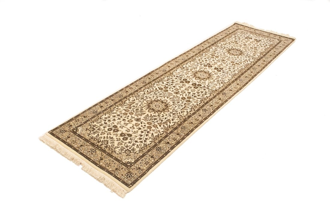 Cream Brown Floral 2'7X9'3 Kirman Oriental Runner Rug - 4