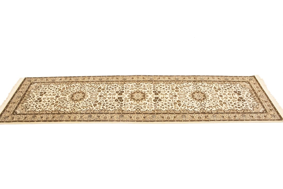 Cream Brown Floral 2'7X9'3 Kirman Oriental Runner Rug - 5