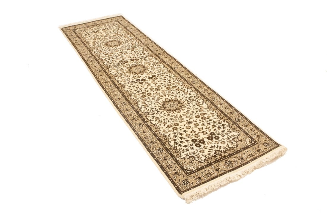 Cream Brown Floral 2'7X9'3 Kirman Oriental Runner Rug - 6