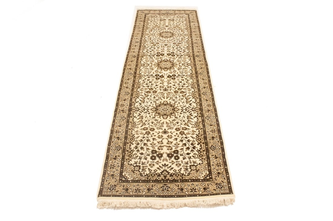 Cream Brown Floral 2'7X9'3 Kirman Oriental Runner Rug - 7