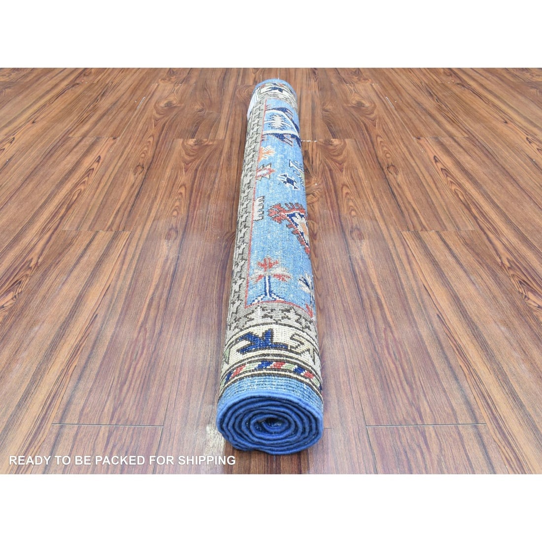 Light Blue, Hand Knotted Afghan Ersari, Pure Wool Oriental Rug - 4