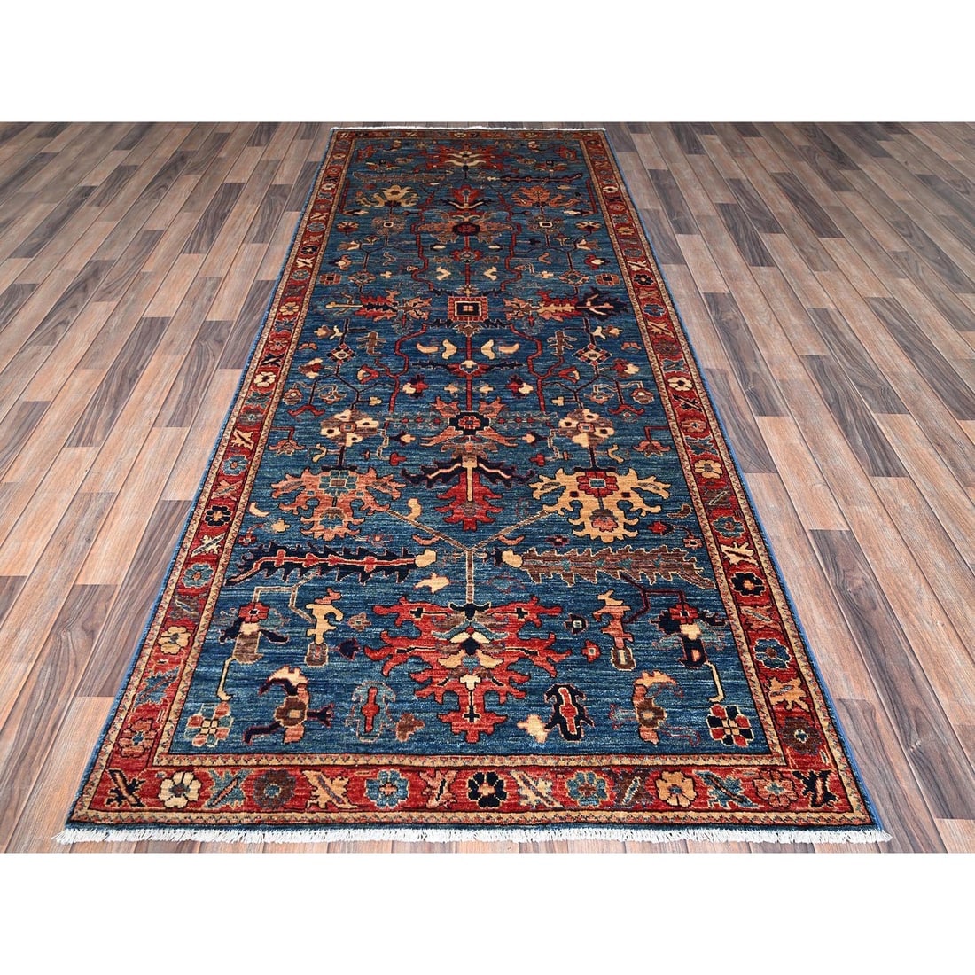 Denim Blue Heriz All Over Design Hand Knotted Soft Wool Runner Rug - 2