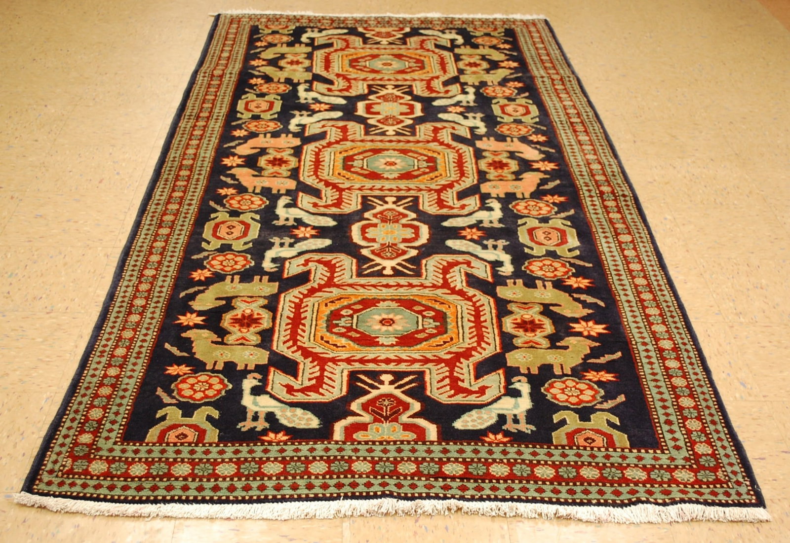 CAUCASIAN RUG 4'8" x 9'3": Title: CAUCASIAN RUG 4'8" x 9'3"Description:OLD,ANTIQUE HIGHLY DETAILED CAUCASIAN LANKORAN KAZAK DESIGN WITH ANIMALS,BIRDS SUBJECTS FINE CAUCASIAN RUG......with an exact size of 4' 8" x 9' 3"