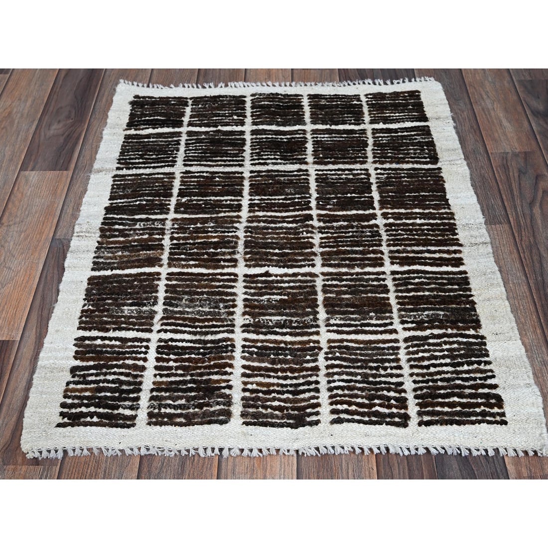 Chocolate Brown Moroccan Weave with Grid Design Hand Knotted Wool Rug - 2