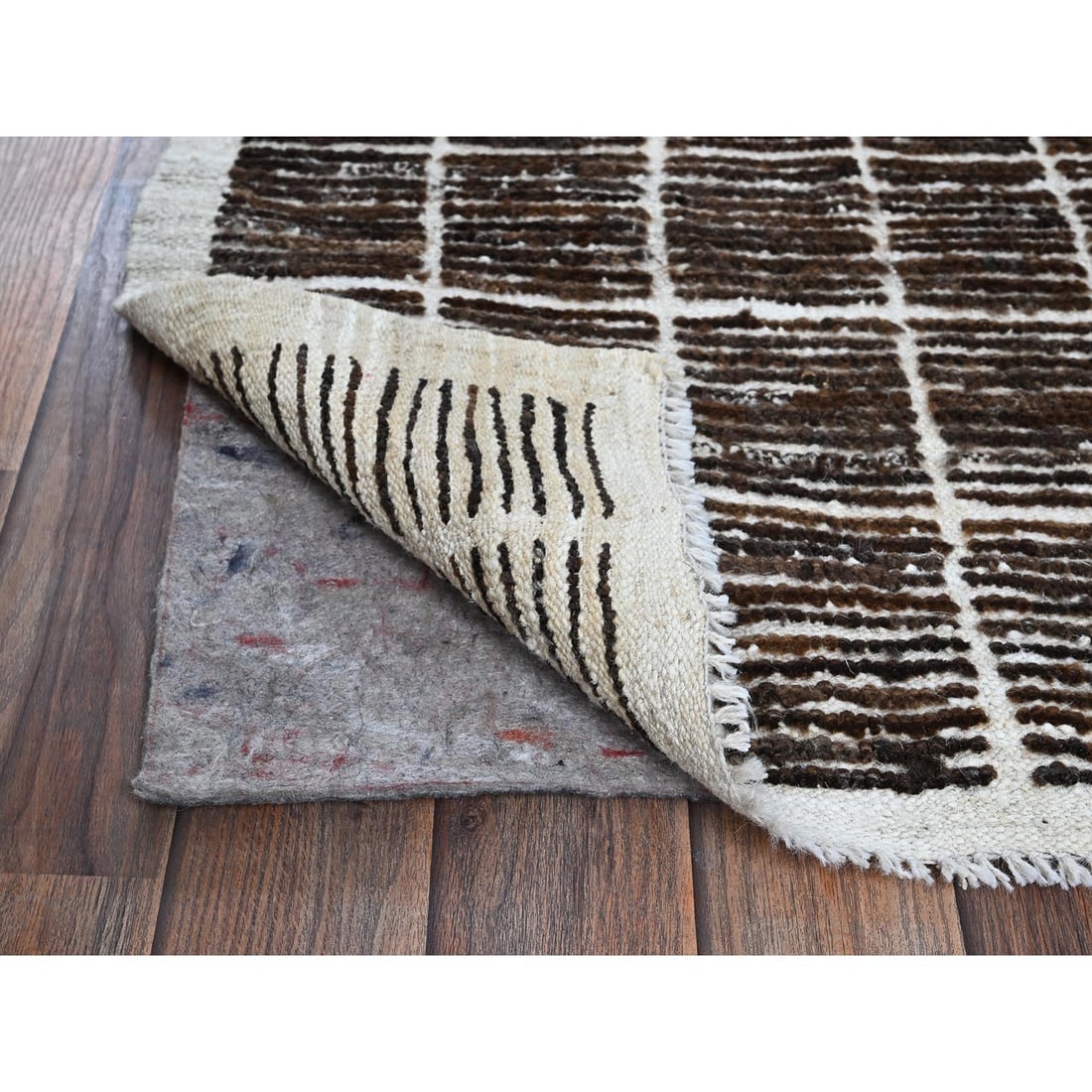 Chocolate Brown Moroccan Weave with Grid Design Hand Knotted Wool Rug - 3