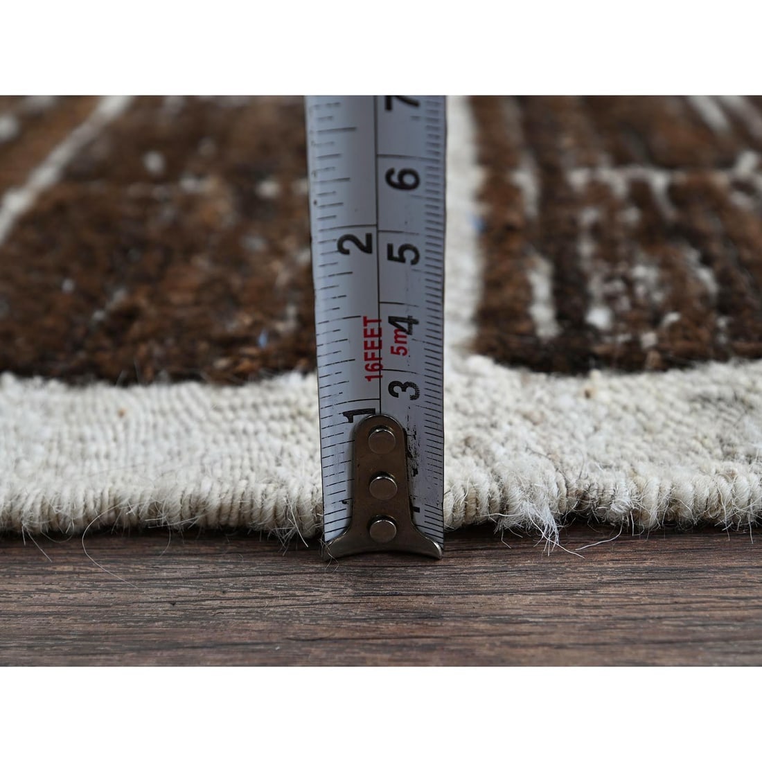 Chocolate Brown Moroccan Weave with Grid Design Hand Knotted Wool Rug - 6