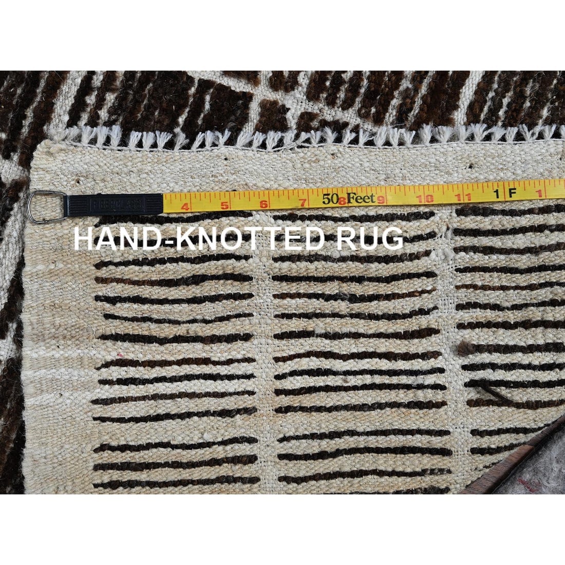 Chocolate Brown Moroccan Weave with Grid Design Hand Knotted Wool Rug - 7