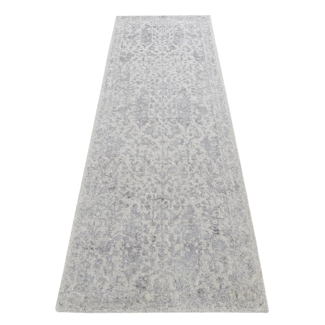 Gray Jacquard Hand Loomed Cypress Tree Design Silken Runner Rug: Title: Gray Jacquard Hand Loomed Cypress Tree Design Silken Runner RugDescription:This is a truly genuine one-of-a-kind. It has been Knotted for months and months in the centuries-old weaving