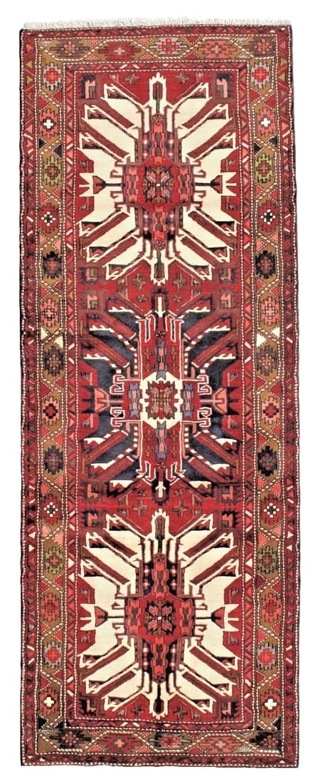 Hand-Knotted Karajeh Runner Red Wool Tribal Geometric Oriental Rug 3'7" x 9'8" - 11