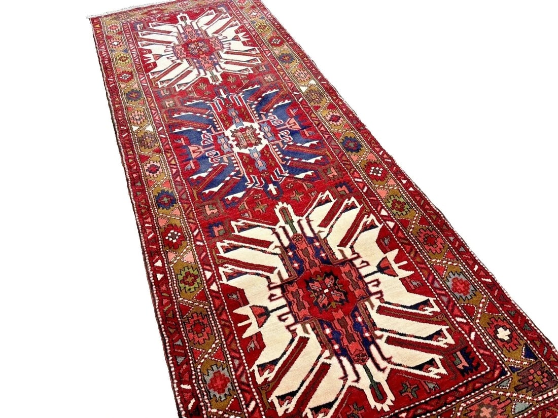 Hand-Knotted Karajeh Runner Red Wool Tribal Geometric Oriental Rug 3'7" x 9'8" - 7