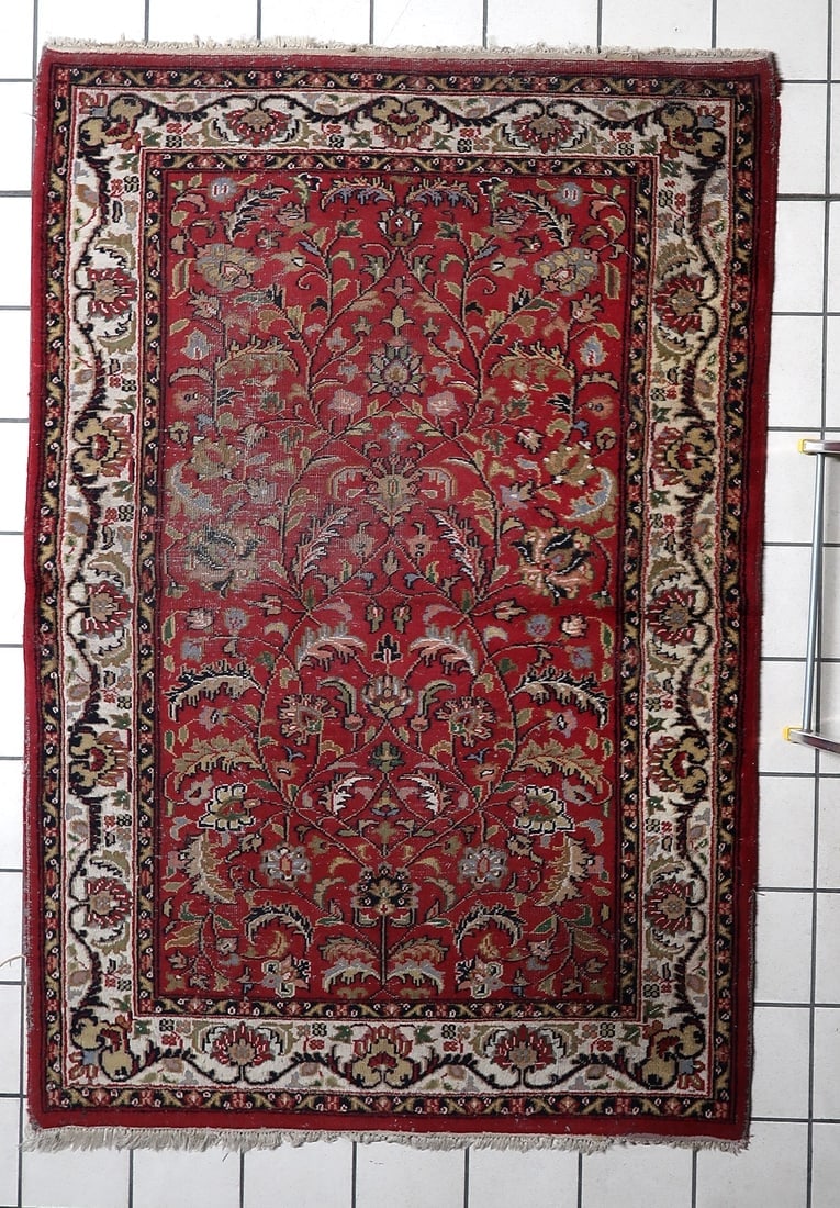 Handmade Vintage Persian Distressed Hamadan Rug 4.2' x 6.2' (128cm x 189cm), 1950s - 2