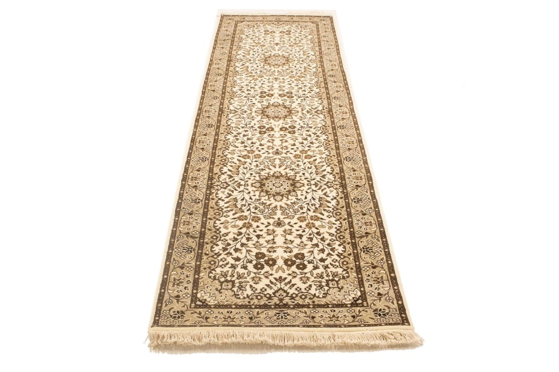 Cream Brown Floral 3X10 Kirman Oriental Runner Rug - 3