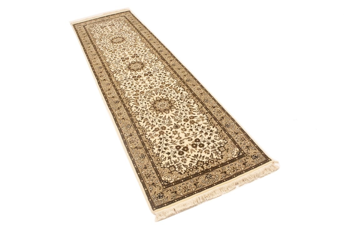 Cream Brown Floral 3X10 Kirman Oriental Runner Rug - 6