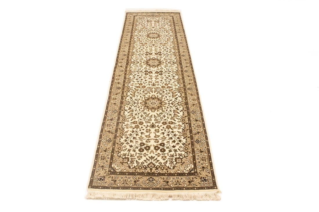 Cream Brown Floral 3X10 Kirman Oriental Runner Rug - 7