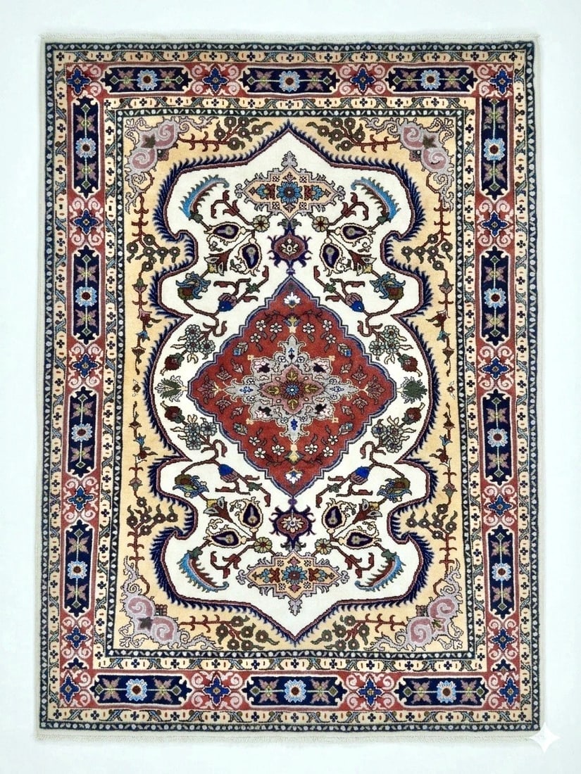 Hand Knotted Persian Tabriz Wool Ivory Oriental Area Rug 4'10" x 6'6": Title:Hand Knotted Persian Tabriz Wool Ivory Oriental Area Rug 4'10" x 6'6" Description:• Rug Number: D49 • Country of Origin: Iran • Style, Design: Persian Tabriz • Size (Ft):