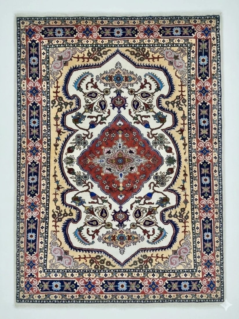 Hand Knotted Persian Tabriz Wool Ivory Oriental Area Rug 4'10" x 6'6" - 6