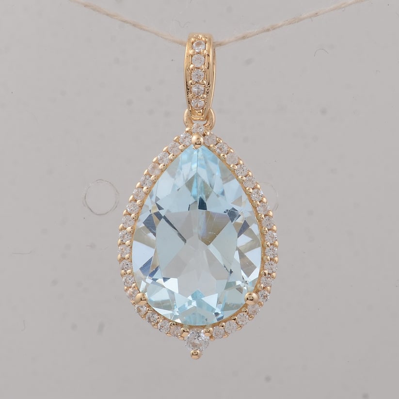4.11 Ct Pear Aquamarine 9K Gold Pendant: 4.11 Total Carat Aquamarine 9K Gold Pendant Specifications Total Weight 1.95 g Center Gemstone Aquamarine Gemstone Carat Weight 3.91 Carats Gemstone Measurements 13.20X9.20X6 mm Additional Gemstones W