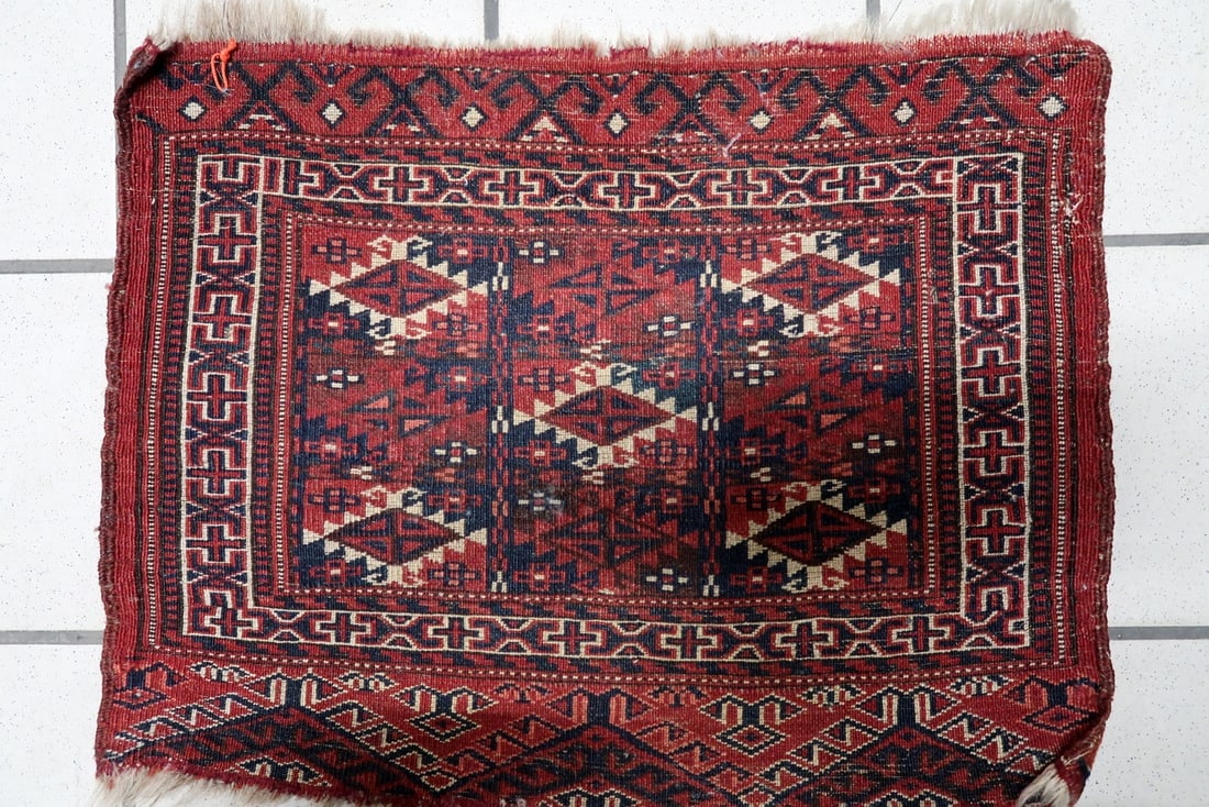 Handmade Antique Turkmen Yomud Collectible Mat Rug 1.3' x 1.6' (40cm x 51cm), 1900s - 8