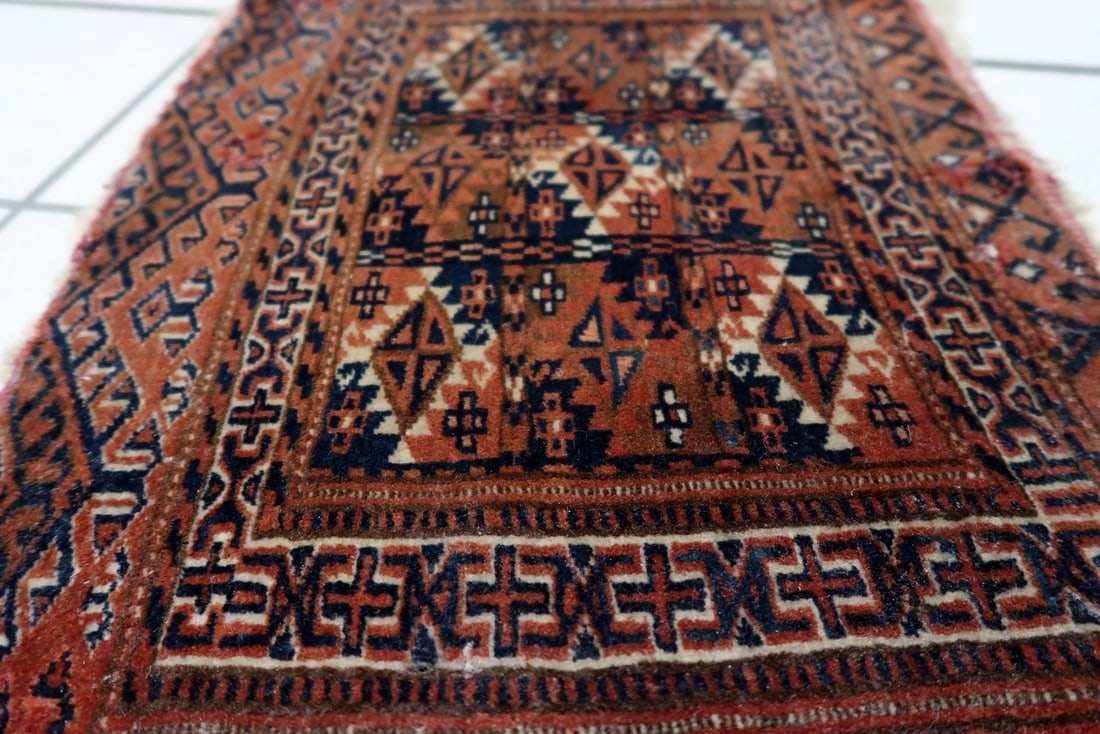 Handmade Antique Turkmen Yomud Collectible Mat Rug 1.3' x 1.6' (40cm x 51cm), 1900s - 9
