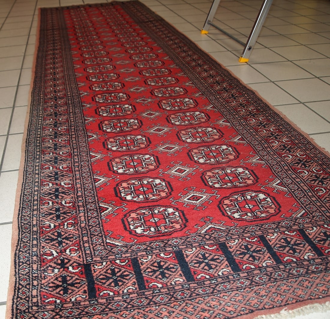Handmade vintage Uzbek Bukhara runner 2.7' x 9' (83cm x275cm) 1960s - 9