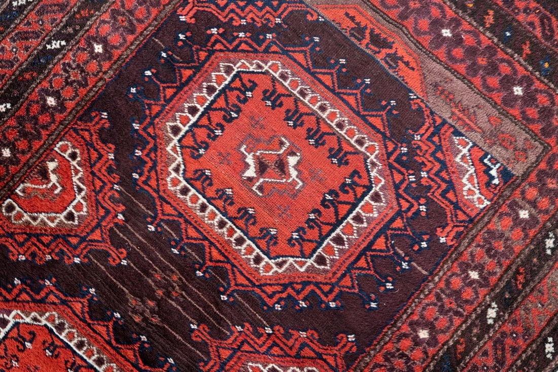 Antique Hand-Knotted Afghan Baluch Rug 3.8' x 6.9' - Red & Brown - 5