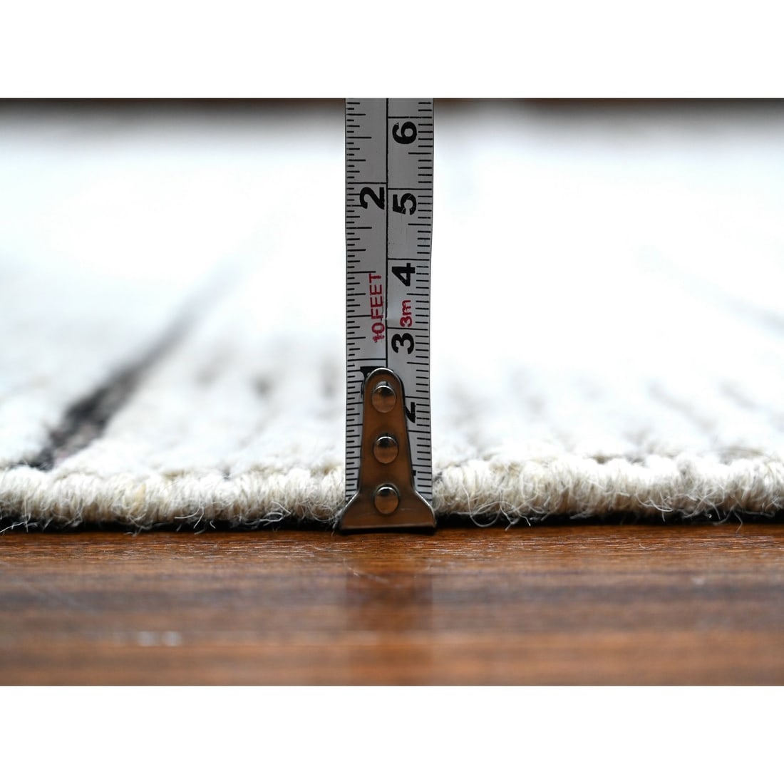 Snow Cap White Moroccan Line Pattern Hand Knotted Wool Oriental Rug - 10