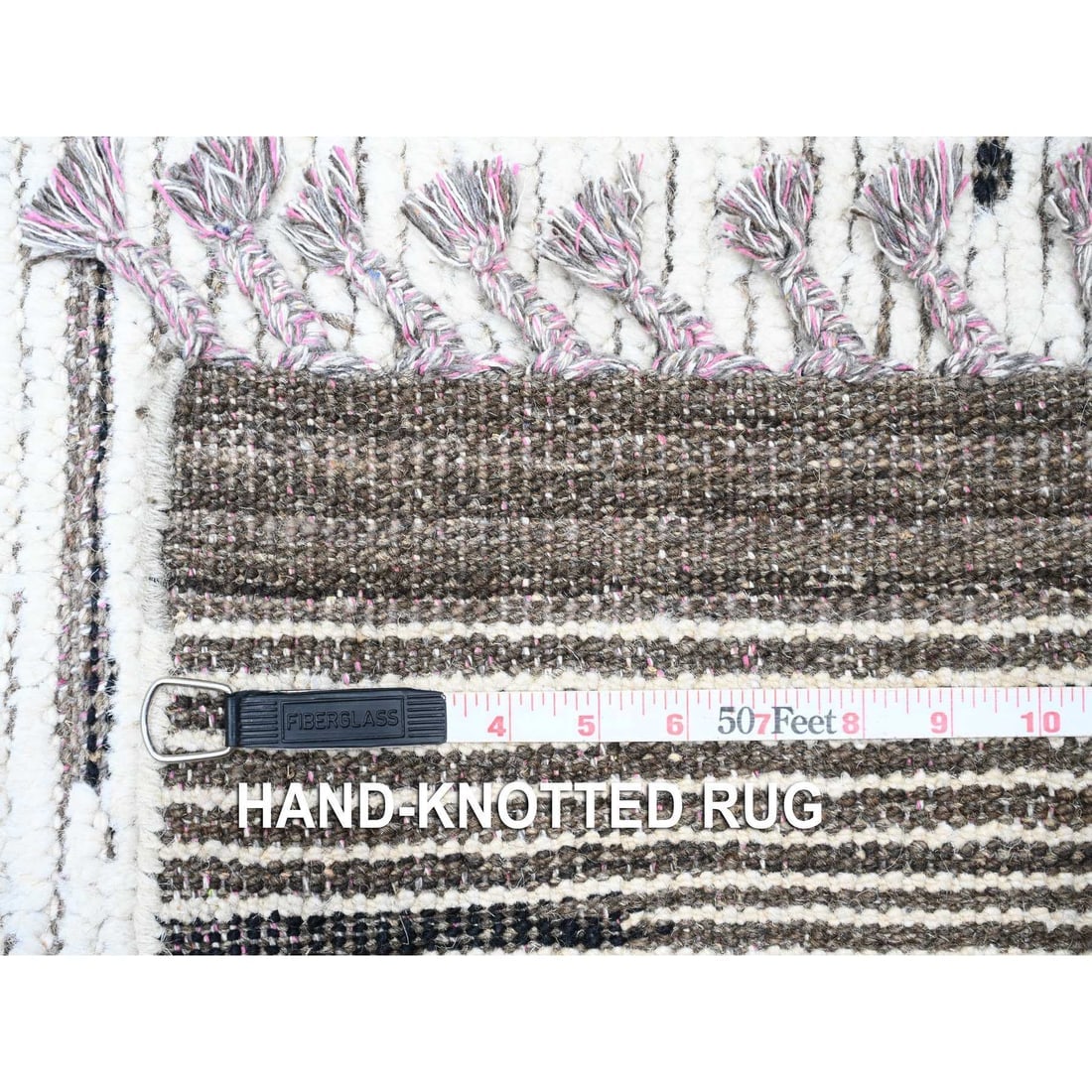 Snow Cap White Moroccan Line Pattern Hand Knotted Wool Oriental Rug - 11