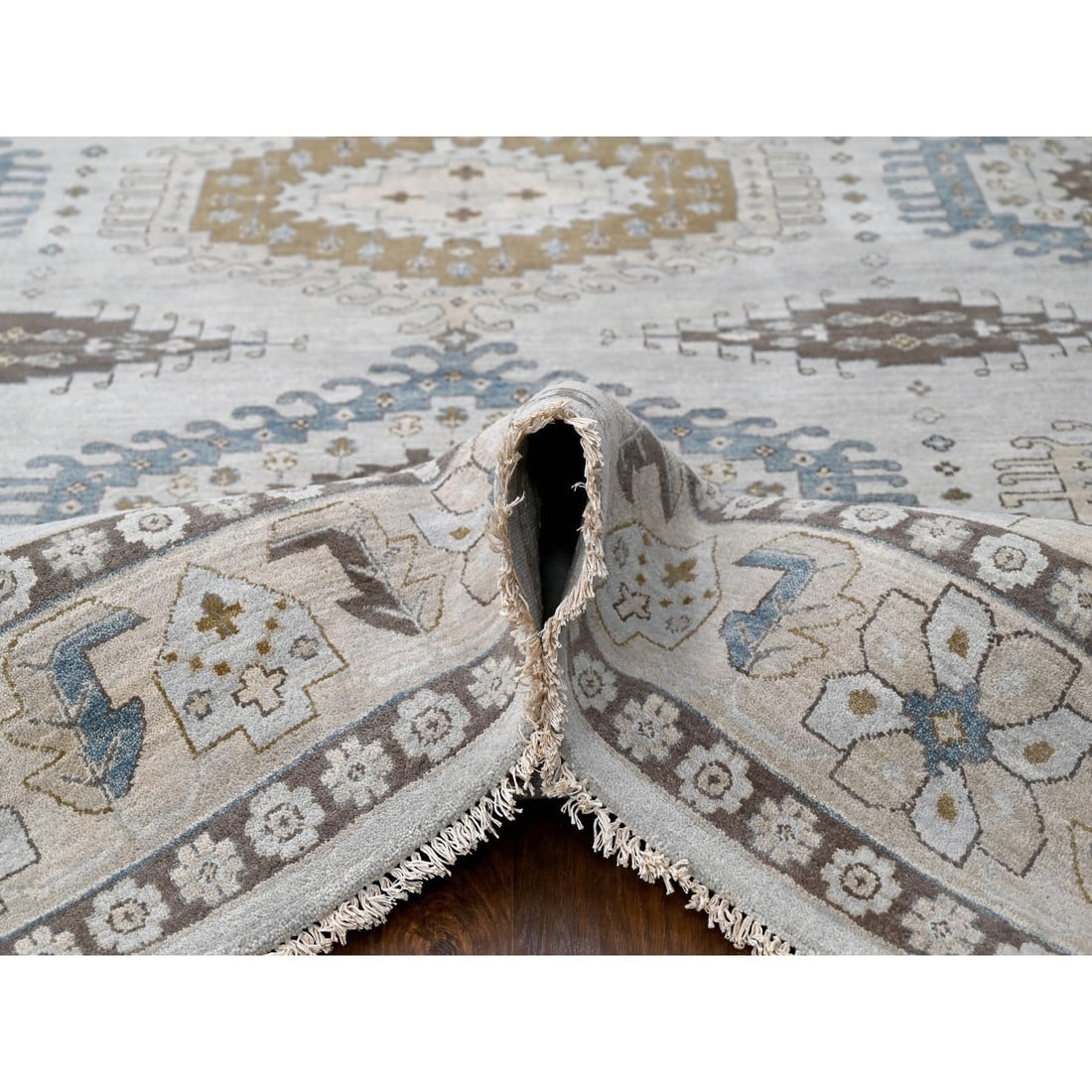 Chrome Gray Persian Village Geometric Medallions Wool Hand Knotted Rug - 5