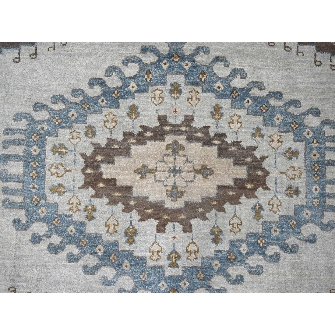 Chrome Gray Persian Village Geometric Medallions Wool Hand Knotted Rug - 8