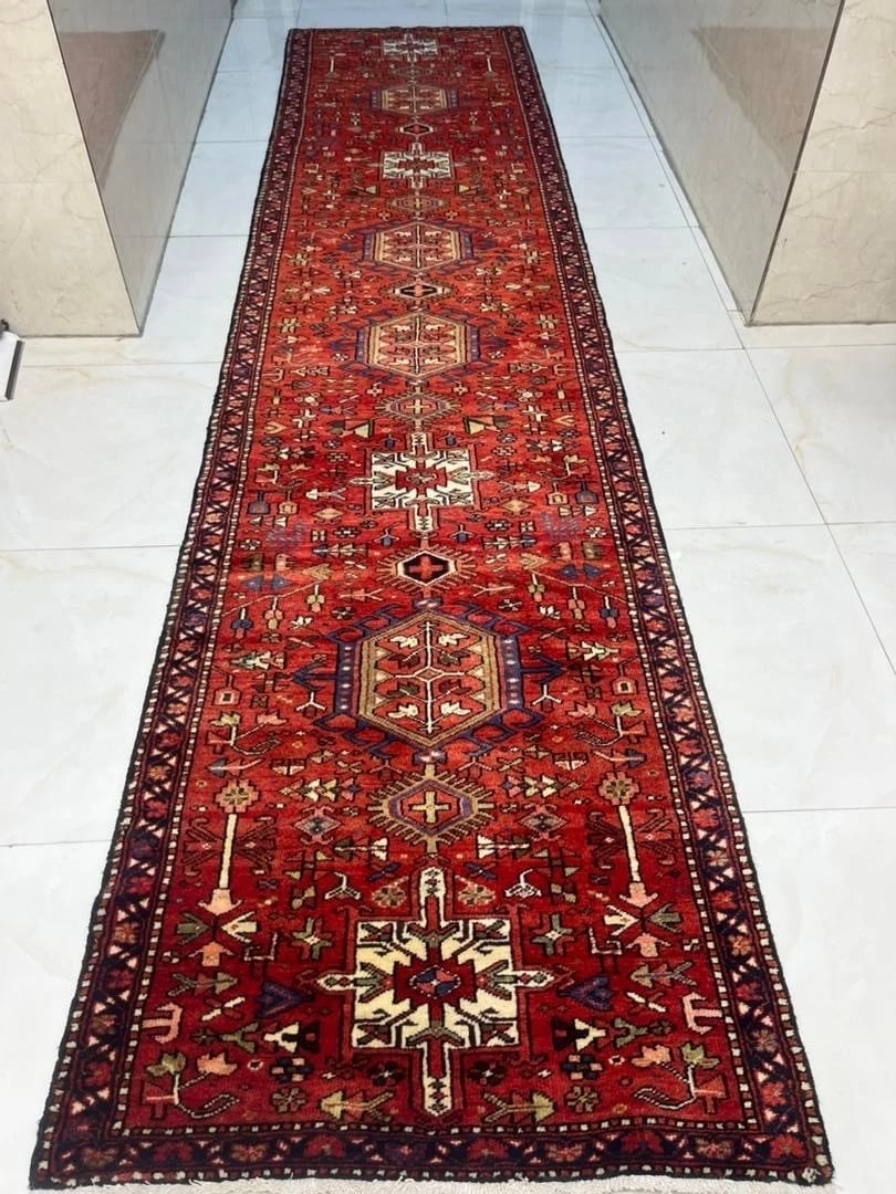 Persian Karajeh Hand-Knotted Runner Red Tribal Wool Rug 3' x 16'1" - 3