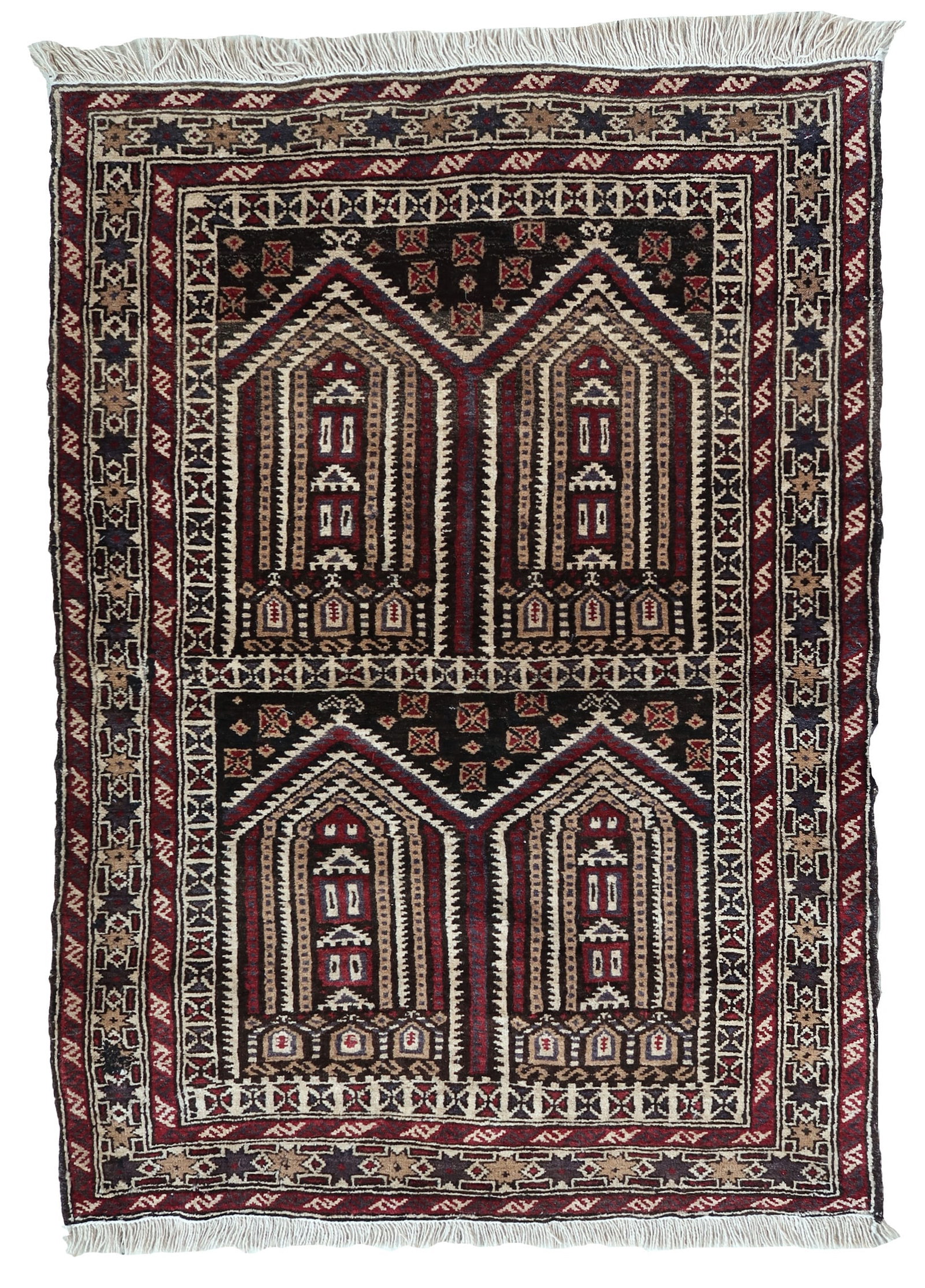Handmade vintage Afghan Baluch prayer rug 3' x 4.6' (94cm x 142cm) 1970s: Title:Handmade vintage Afghan Baluch prayer rug 3' x 4.6' (94cm x 142cm) 1970sOrigin:AfghanistanDimension:3' x 4.6' (95cm x 142cm)Materials:woolDescription:Handmade vintage Afghan Baluch rug in