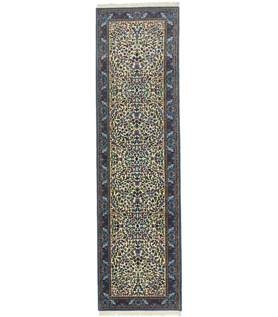 Cream & Blue Floral 3X10 Kirman Oriental Runner Rug (1 of 17)